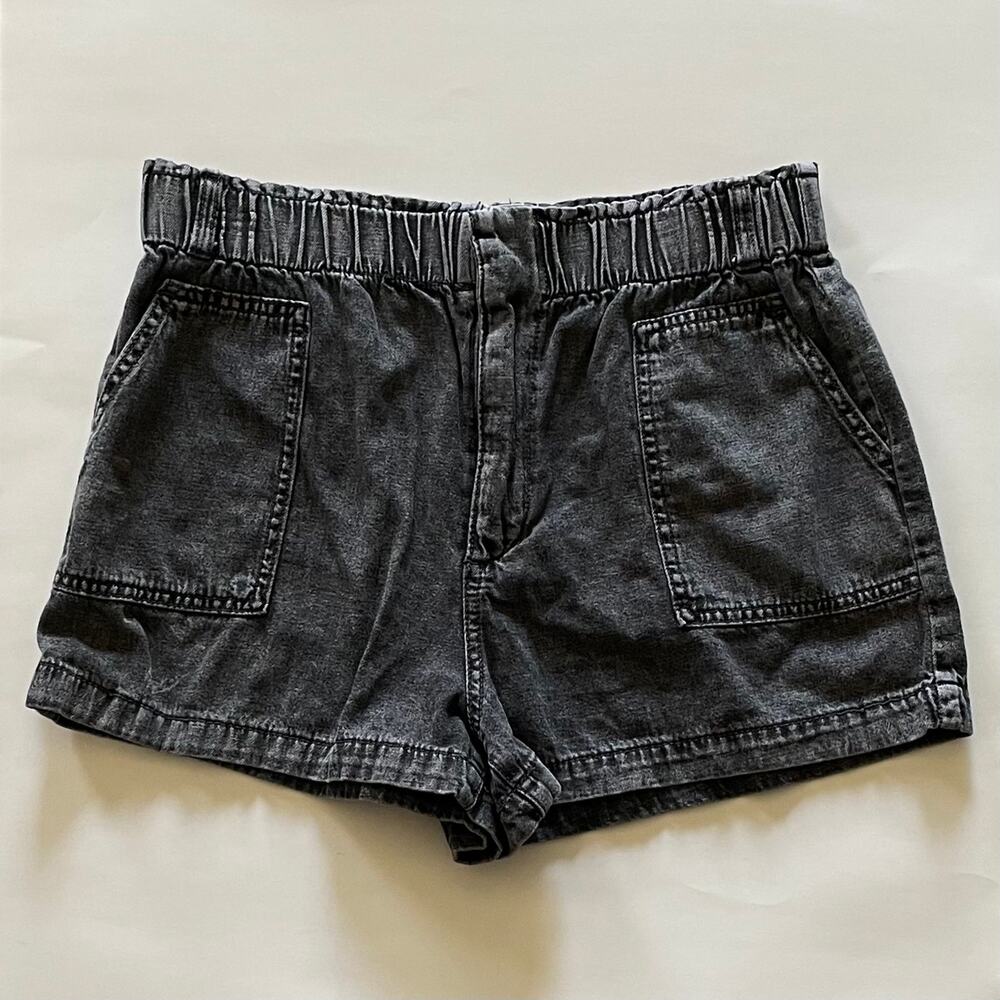 Charcoal Gray Black Denim Shorts With Ruched Elastic Waist & Pockets ~ Large